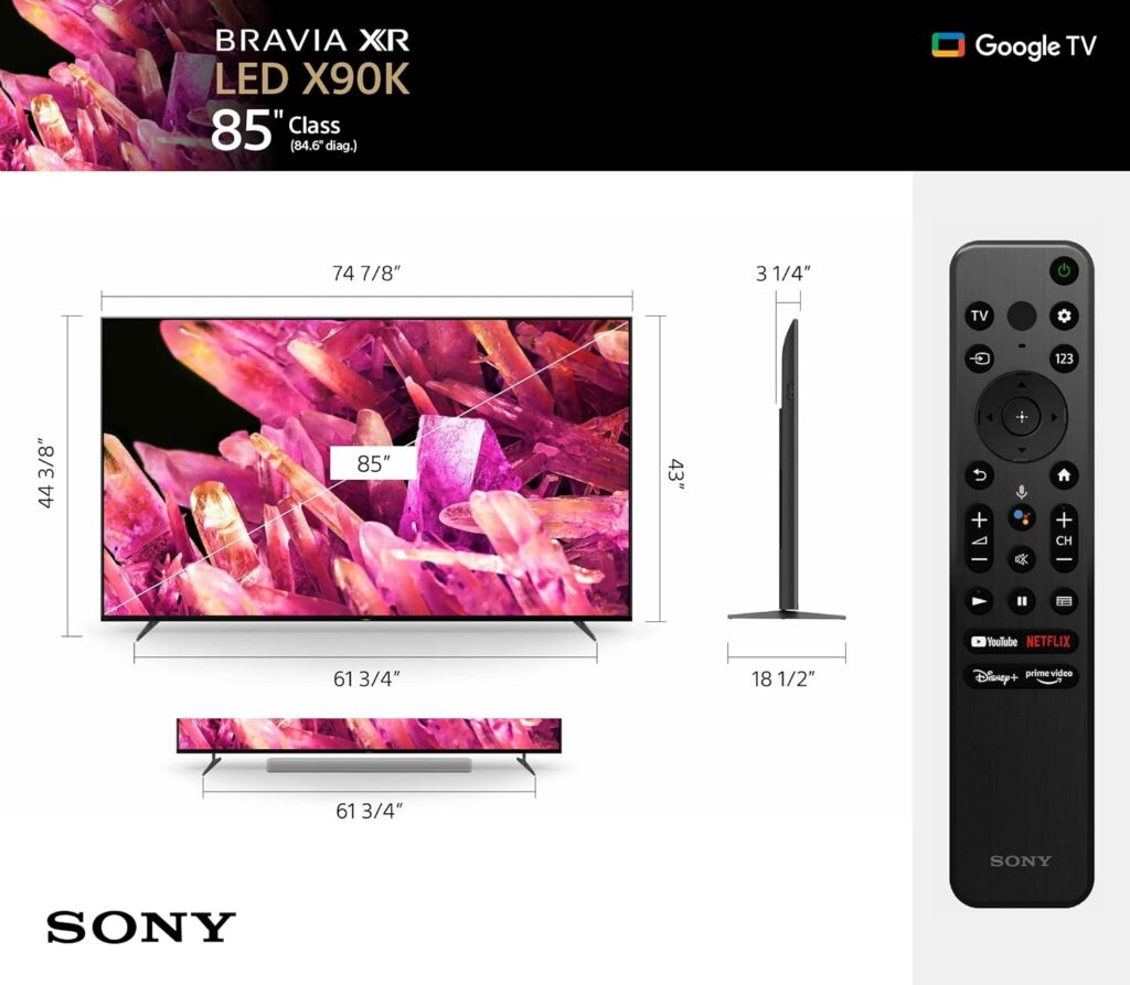 Sony 55 Inch 4K Ultra HD TV X90K Series:BRAVIA XR LED Smart Google TV, Dolby Vision HDR, Exclusive Features for PS 5 XR55X90K-2022 w/Neckband Bluetooth Speaker and TV Adaptor WLA-NS7