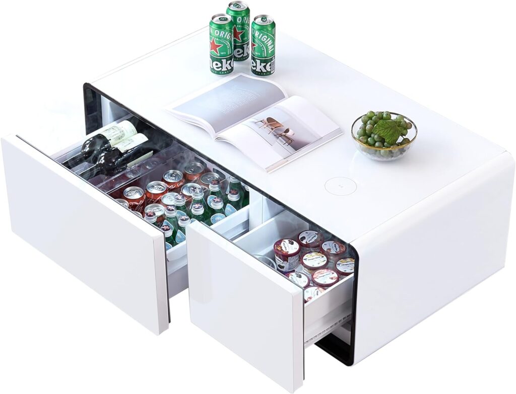 AF ARTISAN FURNITURE Smart Coffee Table with Fridge, Coffee Table with 2 Cold Storage  Temperature Control, Wireless Charger, USB Interface for Small Space Living Room Bedroom, 90L, White