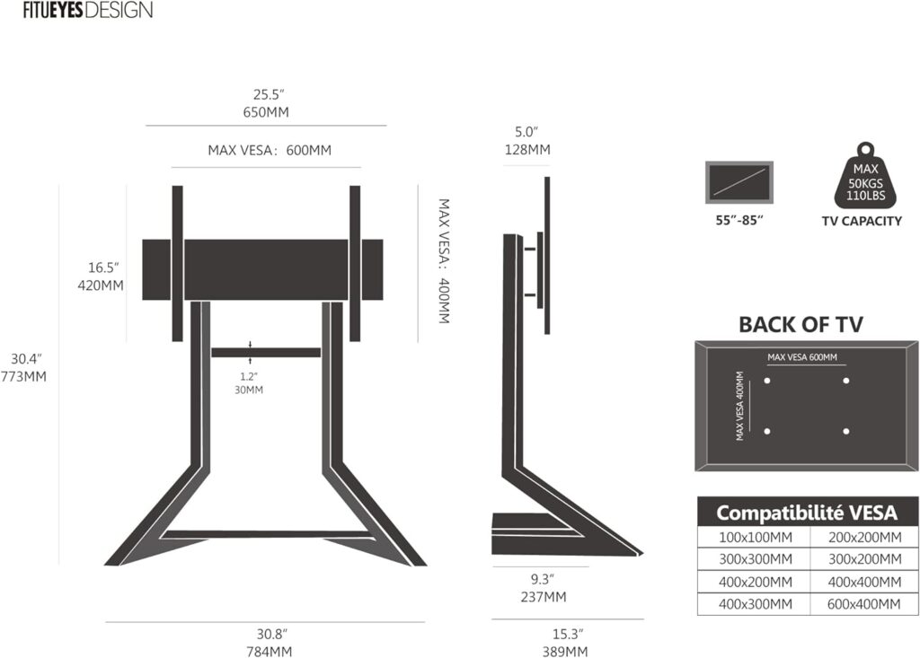 FITUEYES Design Universal Tabletop TV Stand for 55 65 75 86 inch TV LCD LED, Modern TV Stand with Mount, Height Adjustable Eiffel Series TV Mount Stand with Wooden Base, Cable Management