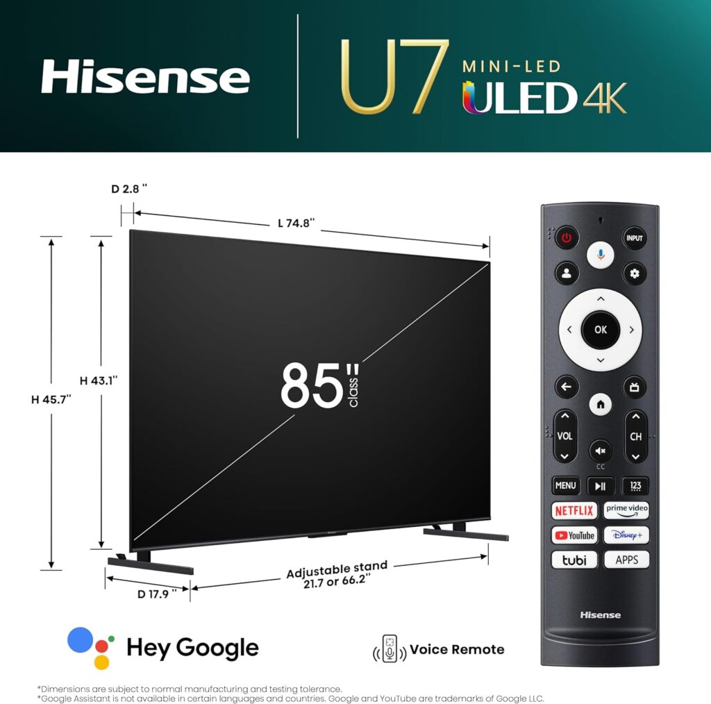 Hisense 75-Inch Class U7 Series Mini-LED ULED 4K UHD Google Smart TV (75U7K, 2023 Model) - QLED, Native 144Hz, 1000-Nit, Dolby Vision IQ, Full Array Local Dimming, Game Mode Pro, Alexa Compatibility