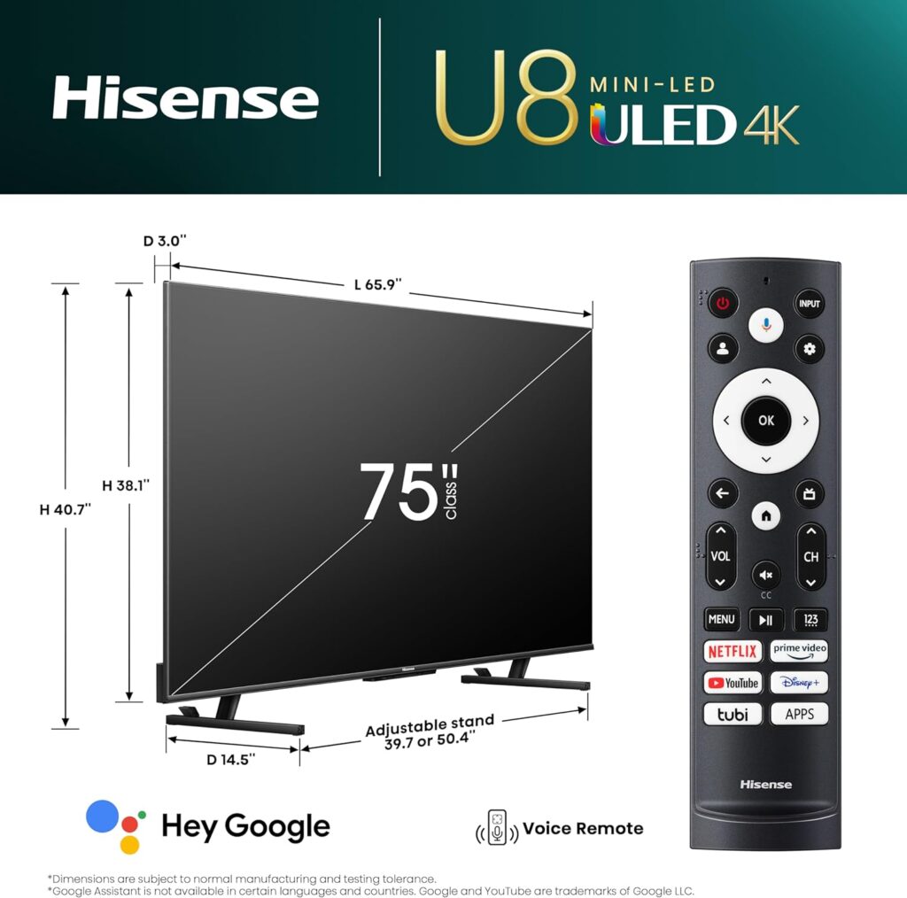 Hisense 75-Inch Class U8 Series ULED Mini-LED Google Smart TV (75U8K, 2023 Model) - QLED, Native 144Hz, 1500-Nit, Dolby Vision IQ, Full Array Local Dimming, Game Mode Pro, Compatible with Alexa