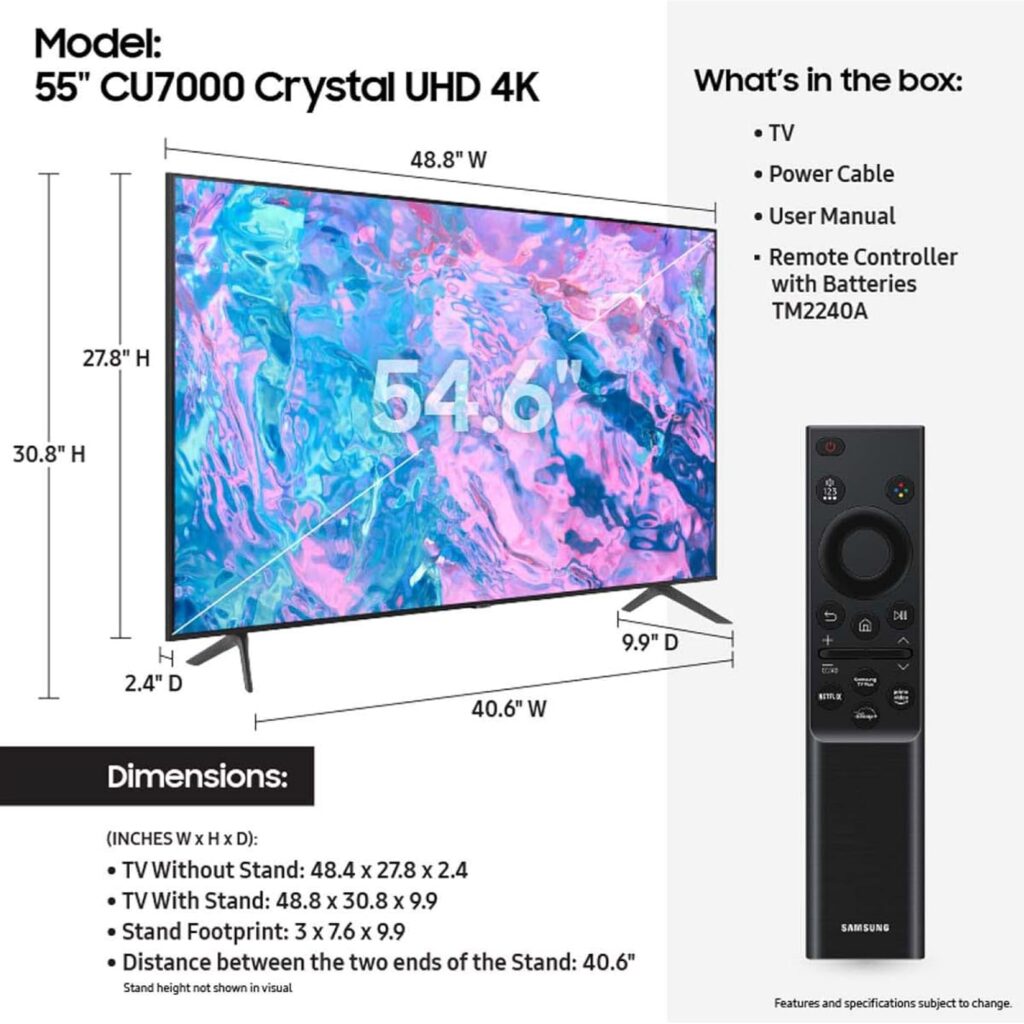 SAMSUNG 75-Inch Class Crystal UHD CU7000 Series PurColor, Object Tracking Sound Lite, Q-Symphony, 4K Upscaling, HDR, Gaming Hub, Smart TV with Alexa Built-in (UN75CU7000, 2023 Model)