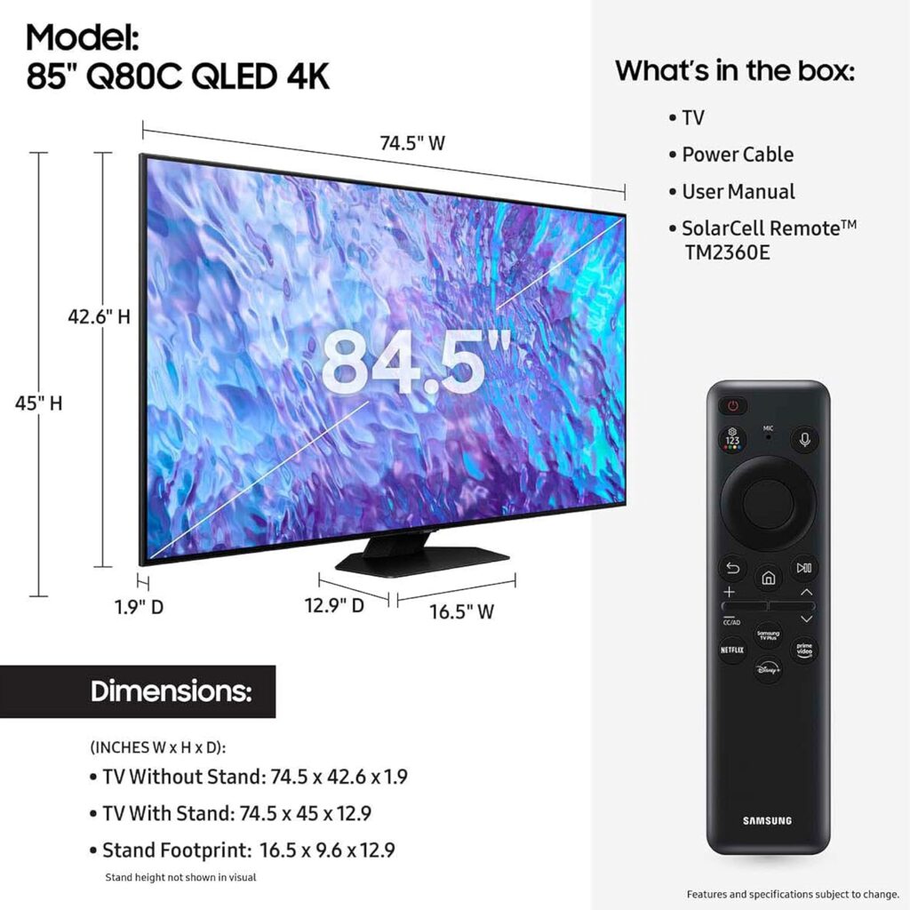 SAMSUNG 75-Inch Class QLED 4K Q80C Series Quantum HDR+, Dolby Atmos Object Tracking Sound Lite, Direct Full Array, Q-Symphony 3.0, Gaming Hub, Smart TV with Alexa Built-in (QN75Q80C, 2023 Model)