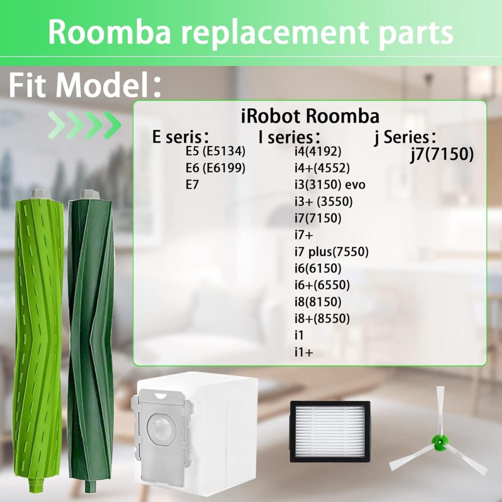 19 pack Replacement Parts accessories for iRobot Roomba i7 i7 + i3 i3+ i4 i4+ i6 i6+ i8 i8+ E5 E6 E7 J7 I,E J Series Vacuum Cleaner,1 Rubber Brushes,6 Vacuum Filters,8 Side Brushes,4 Vacuum Bags