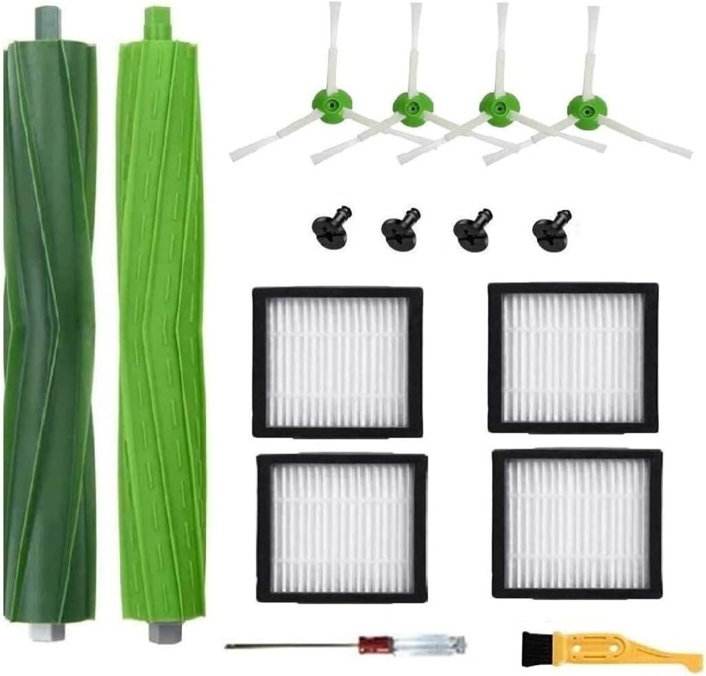 Replacement Parts accessories Compatible for iRobot Roomba i3 i3+ i4 i6 i6+ i7 i7+ i8 i8+/Plus E5 E6 E7 I,E J Series Vacuum Cleaner,1 Set Multi-Surface Rubber 4 HEPA Filters  4 Side Brushes
